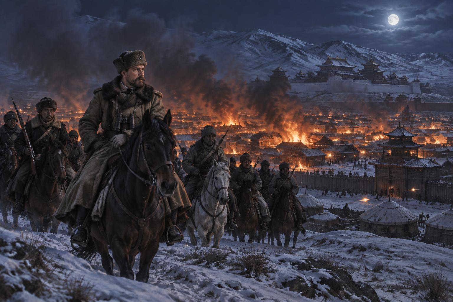 Historical reconstruction of Urga in flames during the 1921 battle as Roman von Ungern-Sternberg leads cavalry through the snow