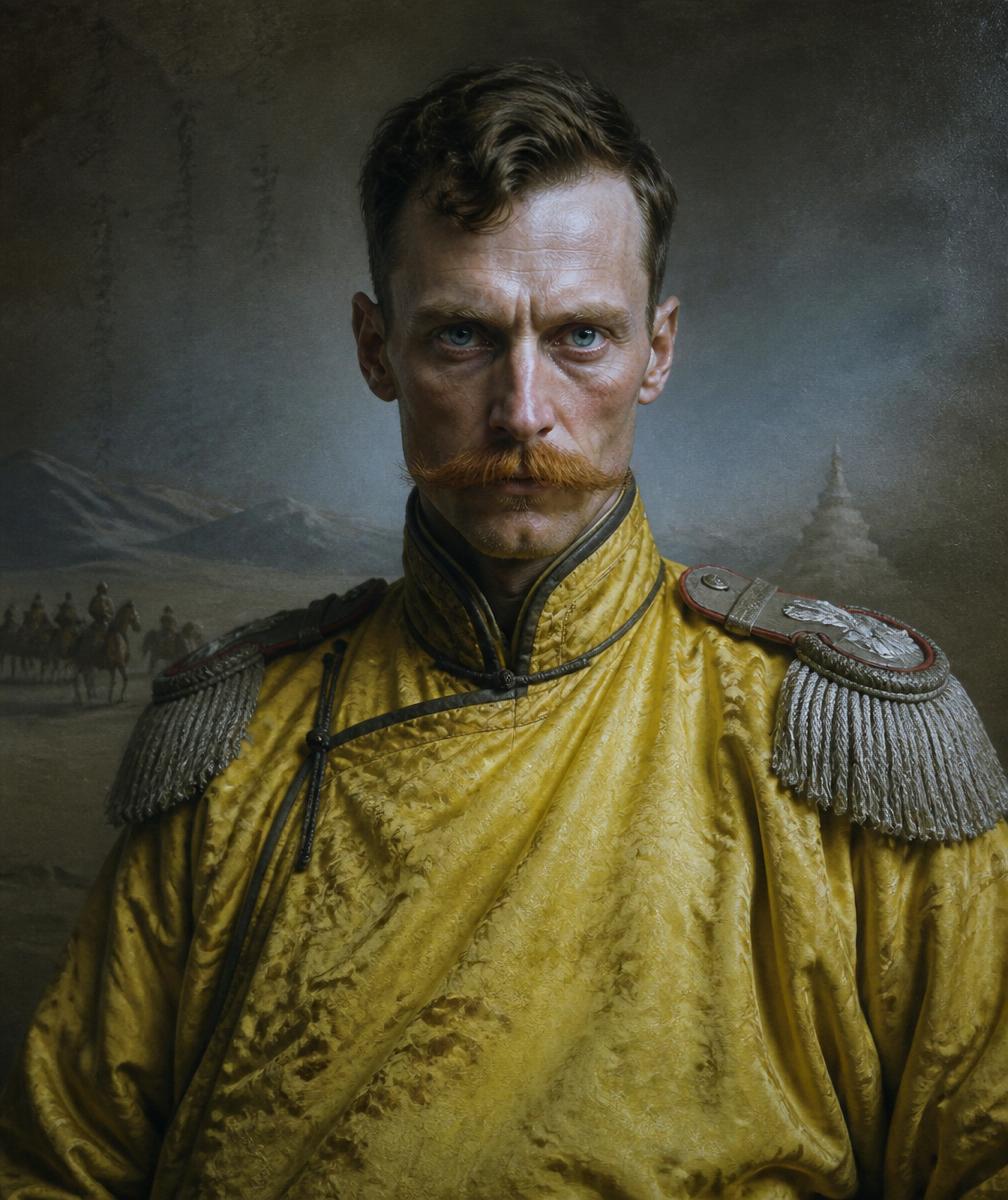 Portrait of Baron Roman von Ungern-Sternberg in a yellow Mongolian silk deel over Russian imperial epaulets