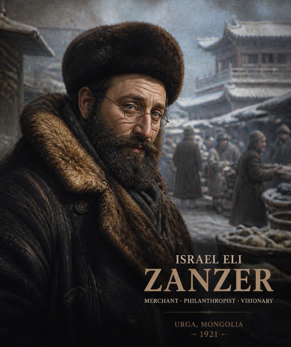 Portrait of Israel Eli Zanzer, a Jewish merchant in a heavy fur coat in the streets of Urga, Mongolia, 1921